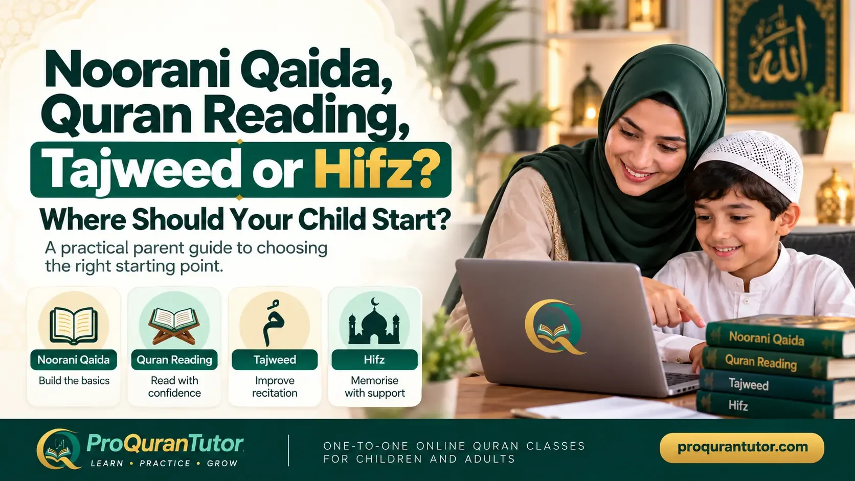 Parent supporting a child during an online Quran learning session